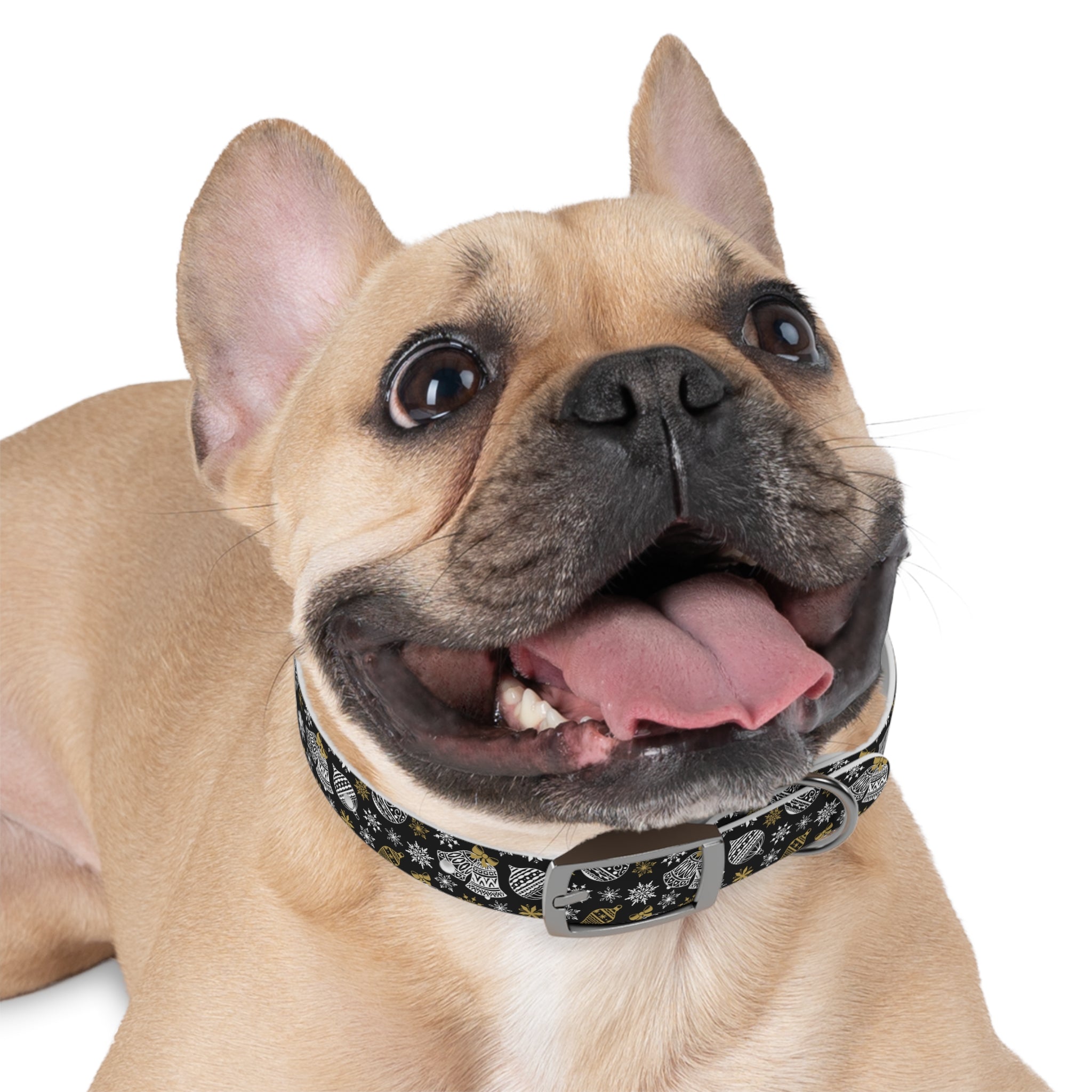 Holiday Ornament Dog Collar — Black & Gold Christmas Pattern