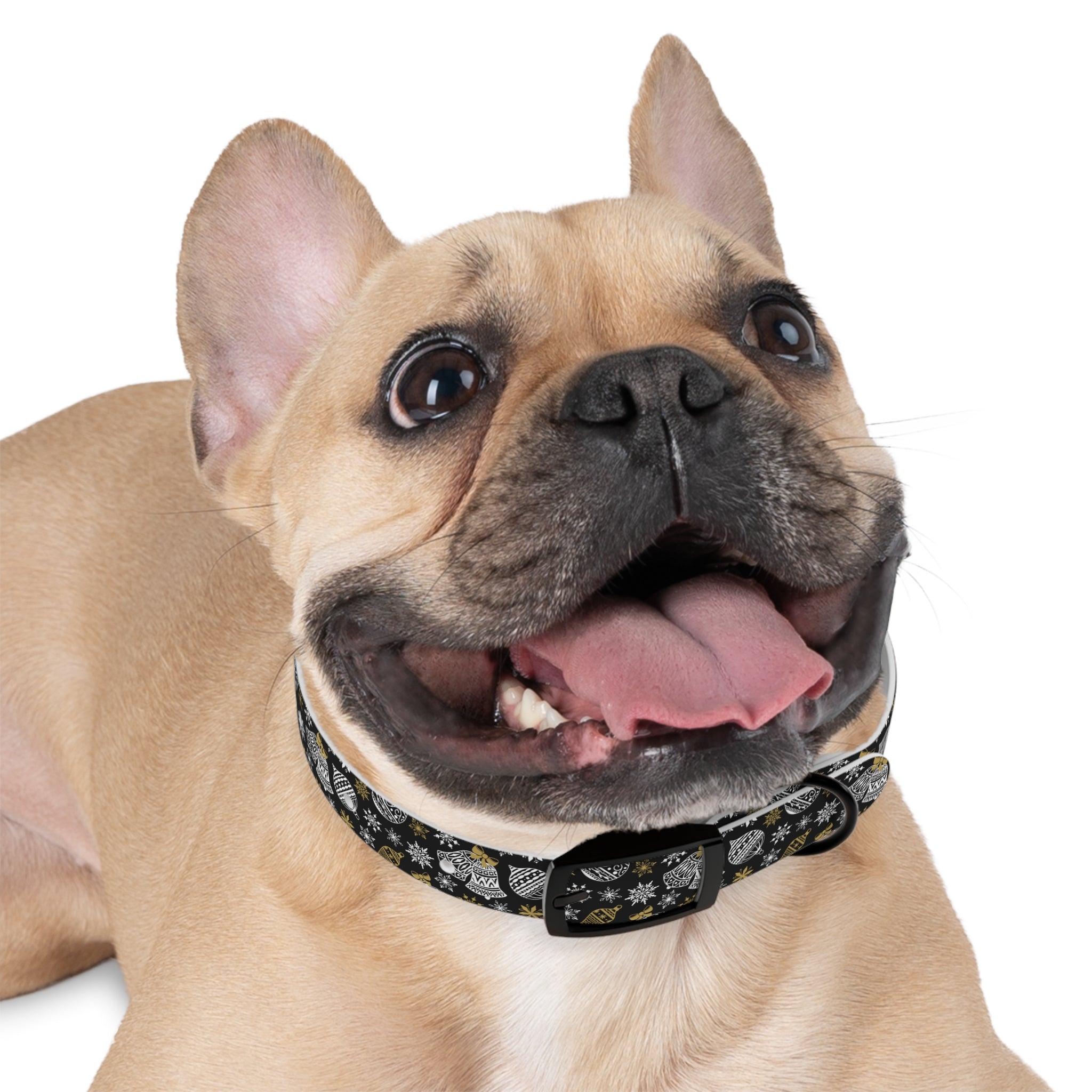Holiday Ornament Dog Collar — Black & Gold Christmas Pattern